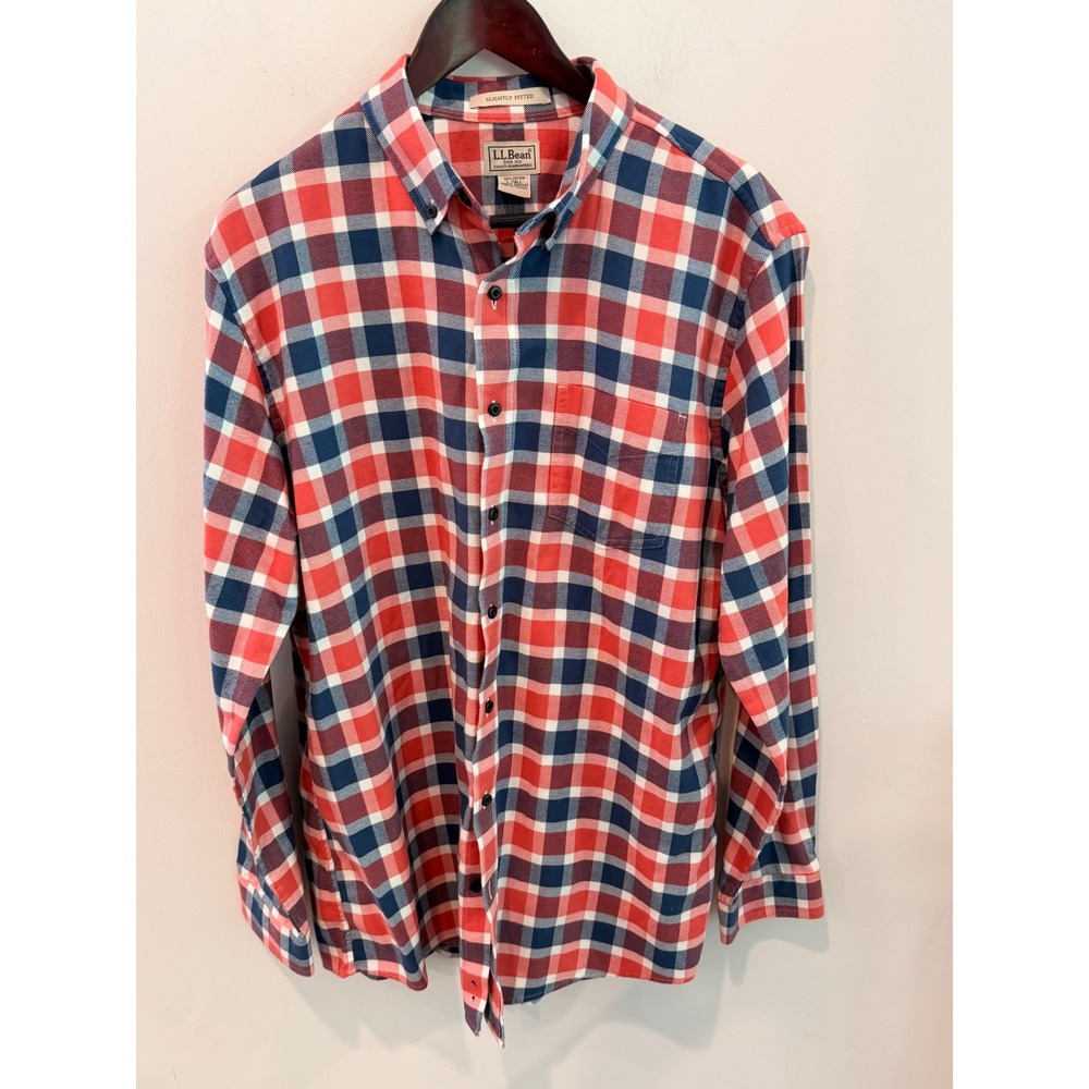 LL Bean Mens Flannel Shirt L Tall Slightly Fitted Red Blue Plaid Cotton 300332